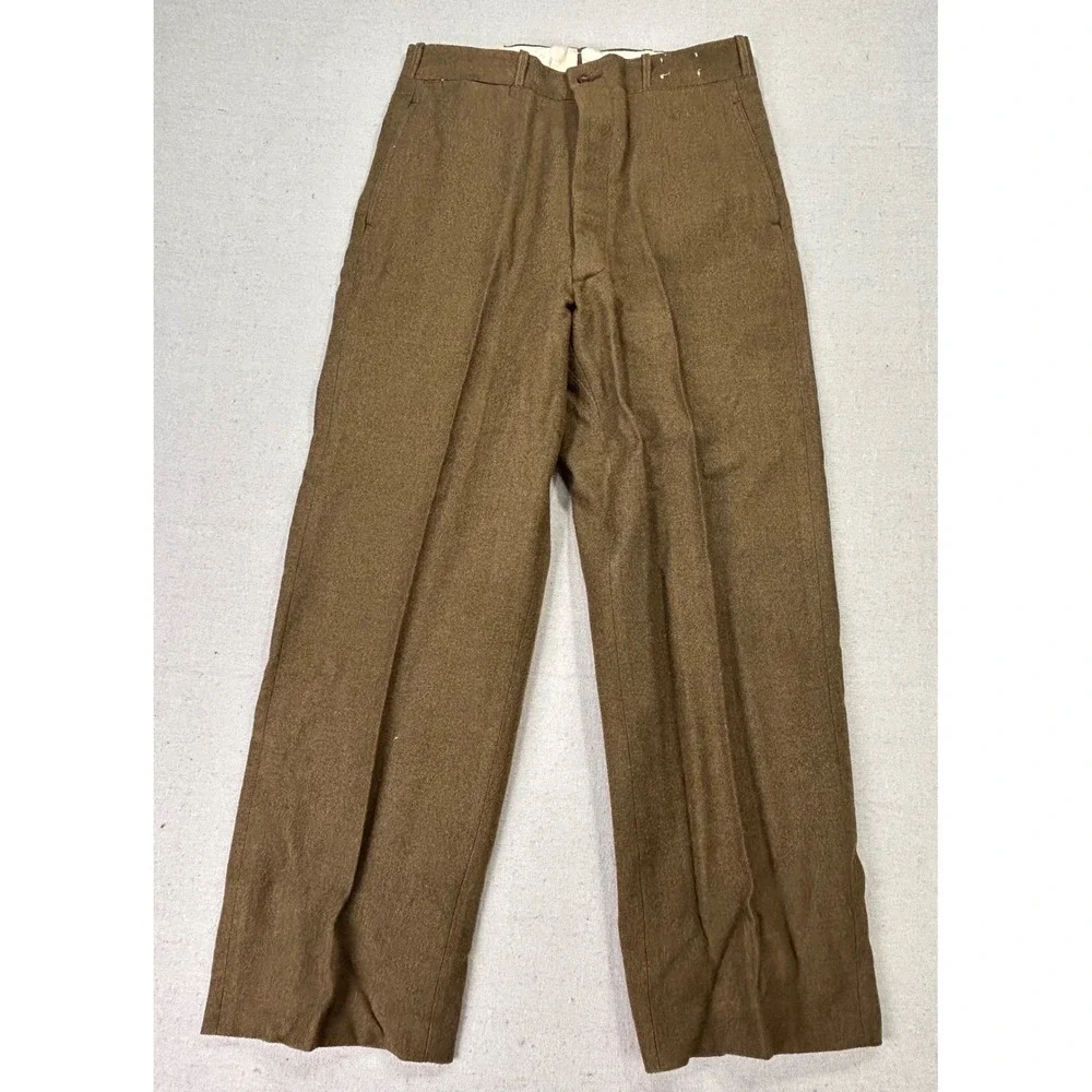 Vintage WW2 US Military Wool Trousers Olive Drab Brown Button Fly Wide Leg